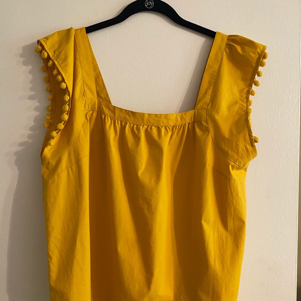 J. Crew Yellow Square Neck Top w Pom Pom Trim - 14